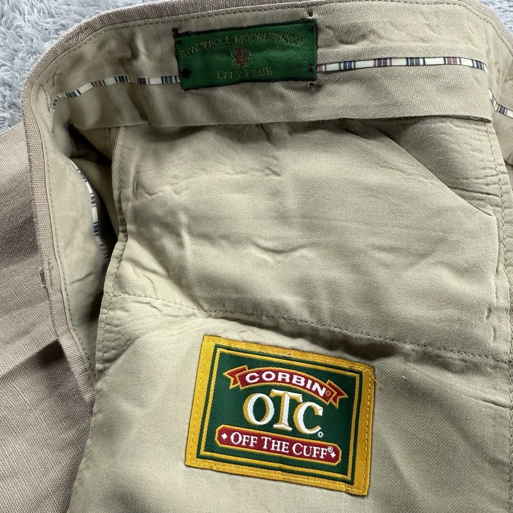 Corbin OTC Pants Mens 34 Khaki Irish Linen Viscose Blend Pleated Cuffed‎